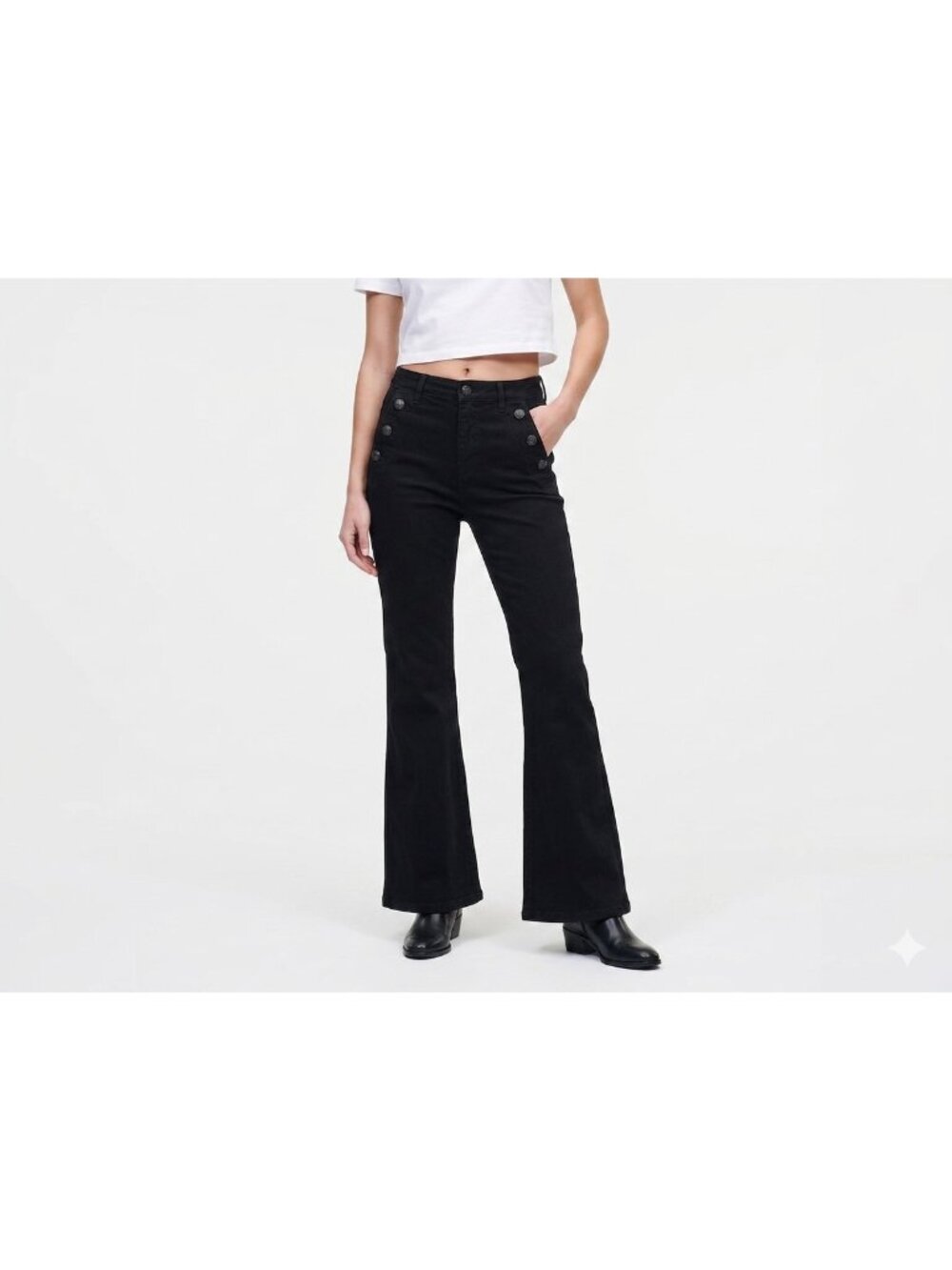 KARL LAGERFELD sailor‑style buttons Black Flare Leg High Rise Jeans Size 6 $110